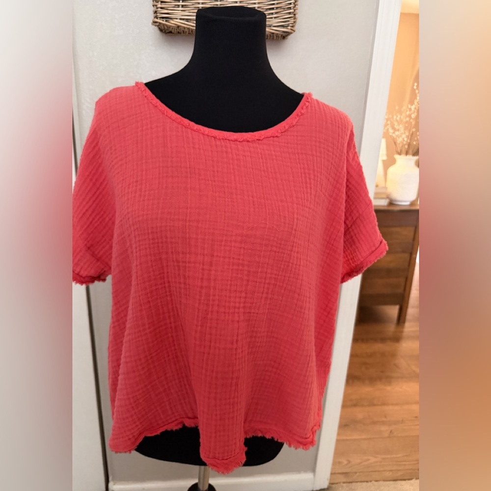 Eileen Fisher Coral Crinkle Short-Sleeve Tee
